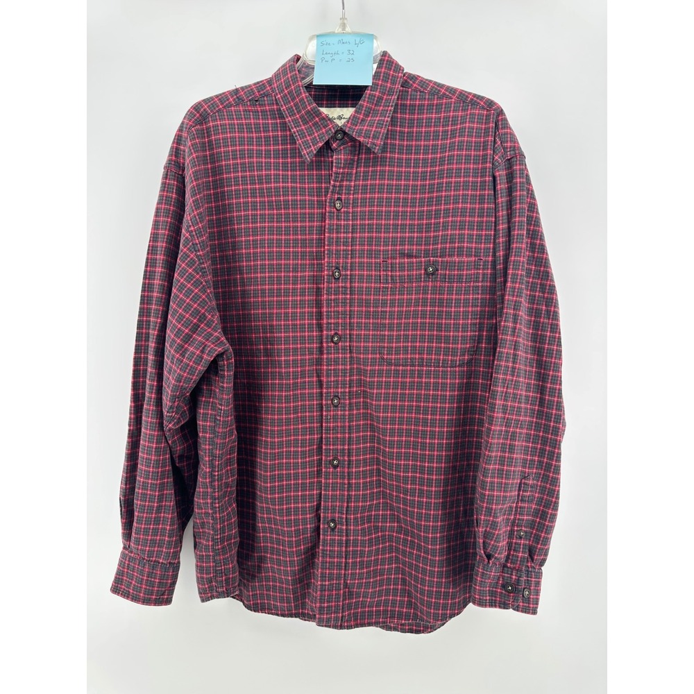 Eddie Bauer Mens Large Red Plaid Flannel Button Down Shirt Long Sleeve Cotton